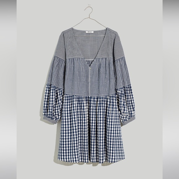 NWT Madewell Seersucker V-Neck Mini Dress in Gingham Check- Medium - Picture 5 of 10